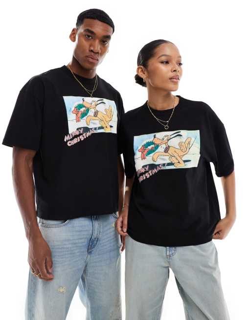 ASOS DESIGN – Disney – Czarny T-shirt oversize o pudełkowym kroju ze świątecznym nadrukiem z Pluto z przodu