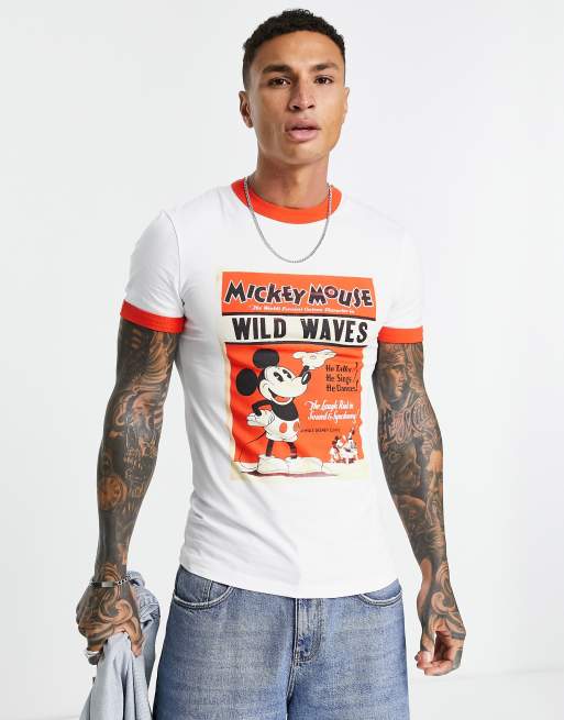 ASOS DESIGN – Disney – Enges T-Shirt in Weiß mit Mickey-Mouse-Print