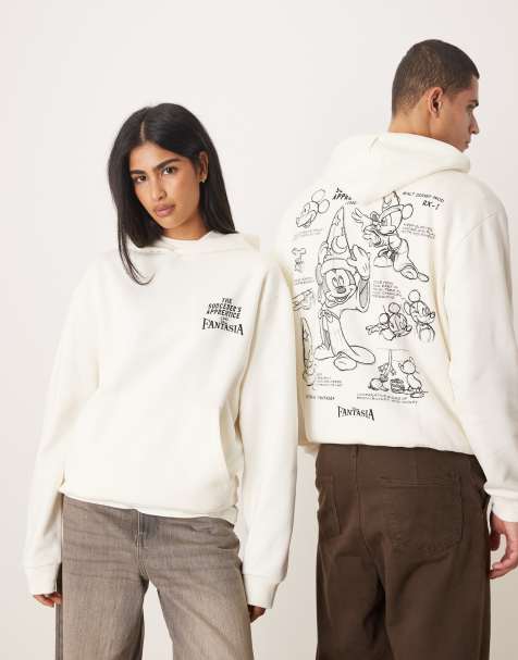 ASOS DESIGN – Disney Fantasia – Locker geschnittener Unisex-Kapuzenpullover in Kokosmilchweiß mit „Disney Mickey Mouse“-Print - view 1