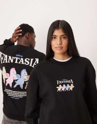 Disney Fantasia - Locker geschnittenes Unisex-Sweatshirt mit plastischem Einhorn-Print in Schwarz-Weiß Weiß XS