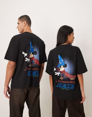 Asos Design Disney Fantasia Oversized T-shirt With Mickey Mouse Prints In Black