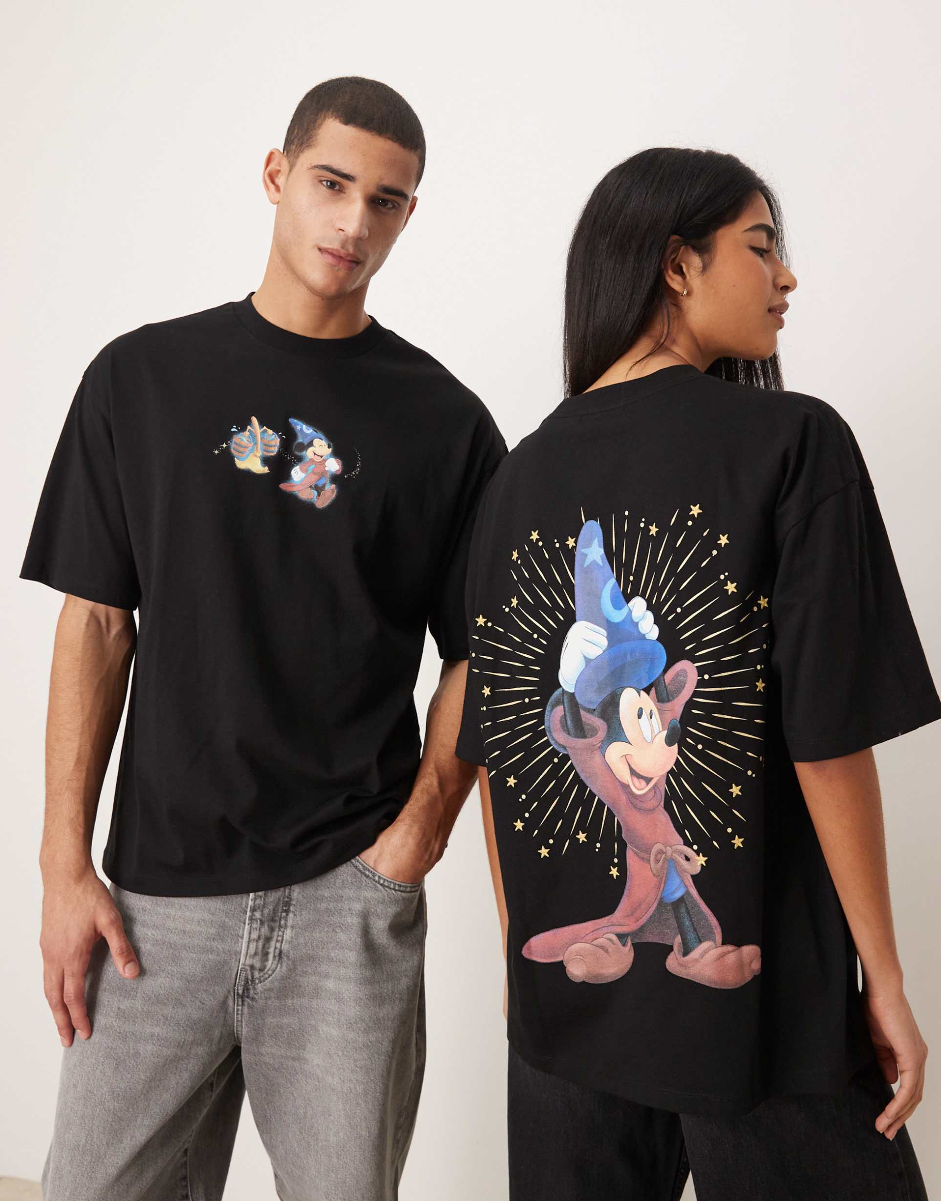 asos design disney fantasia oversized t-shirt with mickey mouse prints in black