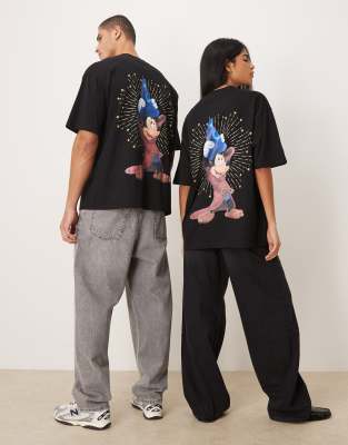 Asos Design Disney Fantasia Oversized T-shirt With Mickey Mouse Prints In Black
