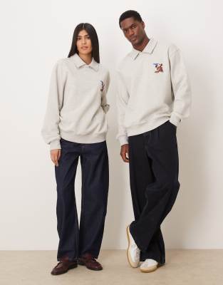 Asos Design Disney Fantasia Relaxed Rugby Polo With Mickey Mouse Prints In Gray