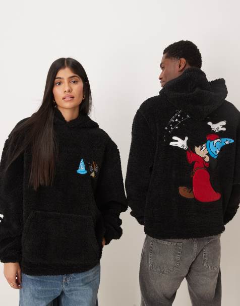 ASOS DESIGN – Disney – Fantasia – Svart, avslappnad huvtröja i teddy och unisex-modell med Musse Pigg-broderi - view 1