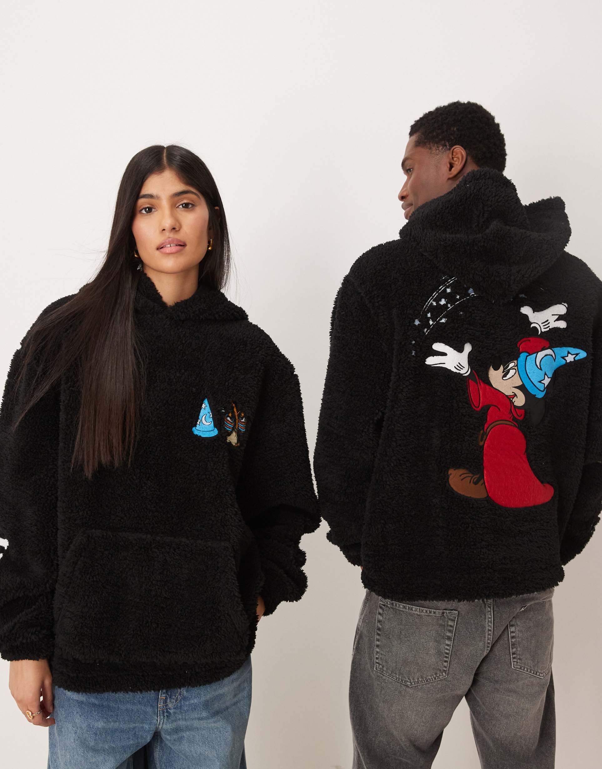 asos design disney fantasia unisex relaxed borg hoodie with mickey mouse embroidery in black
