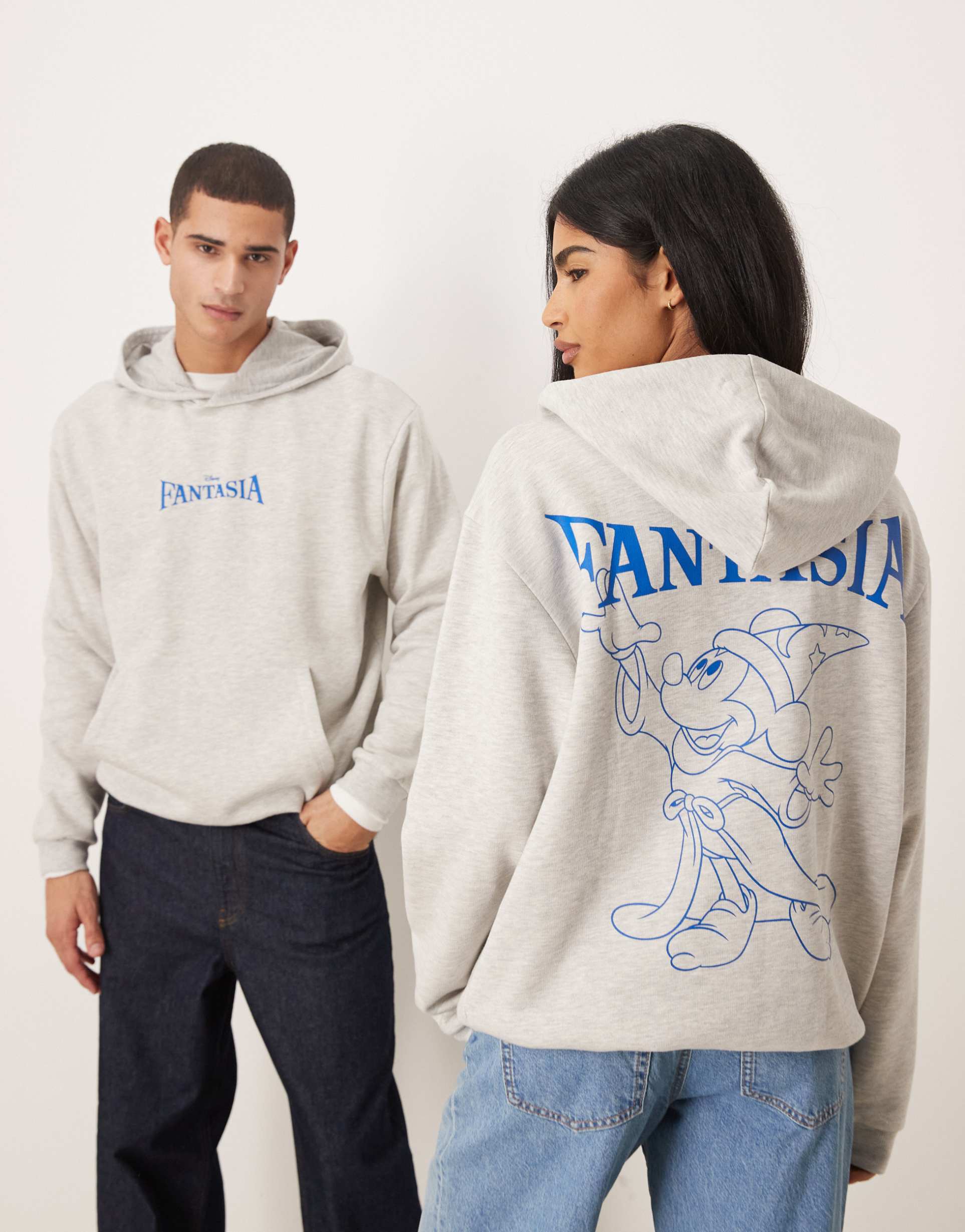 asos design disney fantasia unisex relaxed hoodie with mickey mouse prints in blue