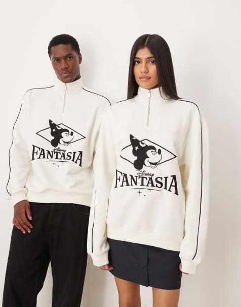 ASOS DESIGN – Disney – Fantasia – Vit, avslappnad tröja med kvartslång dragkedja och Musse Pigg-broderi - view 1