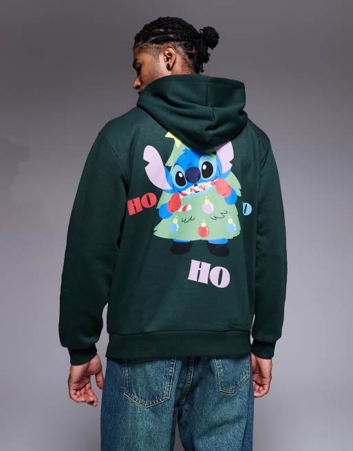 ASOS DESIGN - Disney - Felpa con cappuccio comoda natalizia verde scuro con stampe Stitch, 2 di 4