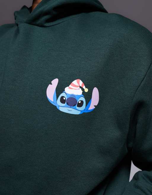 ASOS DESIGN - Disney - Felpa con cappuccio comoda natalizia verde scuro con stampe Stitch, 4 di 4