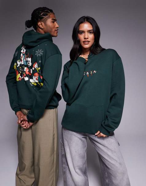 ASOS DESIGN - Disney - Felpa con cappuccio oversize natalizia verde scuro con stampe Mickey & Friends - view 1