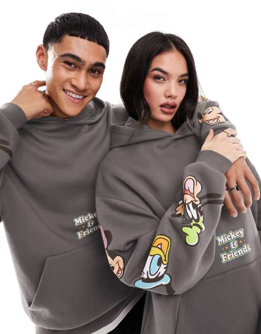 ASOS DESIGN Disney Felpa con cappuccio oversize unisex antracite con stampa di Topolino e amici