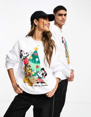 ASOS DESIGN - Disney - Felpa Unisex Oversize Bianca Con Stampa Natalizia Di Topolino E Ricamo Su Licenza
