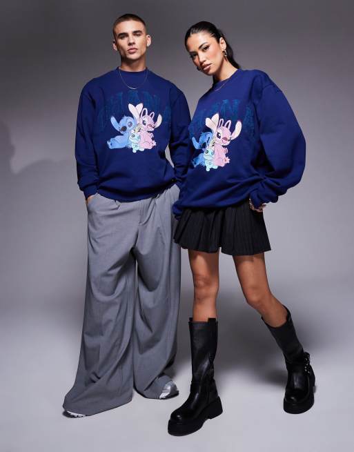 ASOS DESIGN - Disney - Felpa unisex oversize blu navy con stampa bouclé di Stitch e Angel, 2 di 4