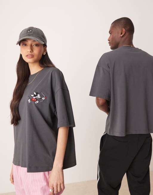 ASOS DESIGN Disney – Grafitowy gruby T-shirt unisex o fasonie oversize z nadrukiem Myszki Miki przebranej za cherubina