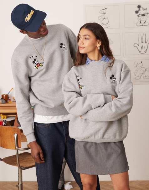 ASOS DESIGN – Disney – Gråmelerad, kraftig, boxig sweatshirt i oversize och unisex-modell med Musse Pigg-tryck - view 1
