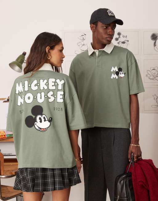 ASOS DESIGN Disney - Grøn polo-T-shirt i unisex-stil med sænkede skuldre og oversized samt firkantet pasform med Mickey Mouse-print