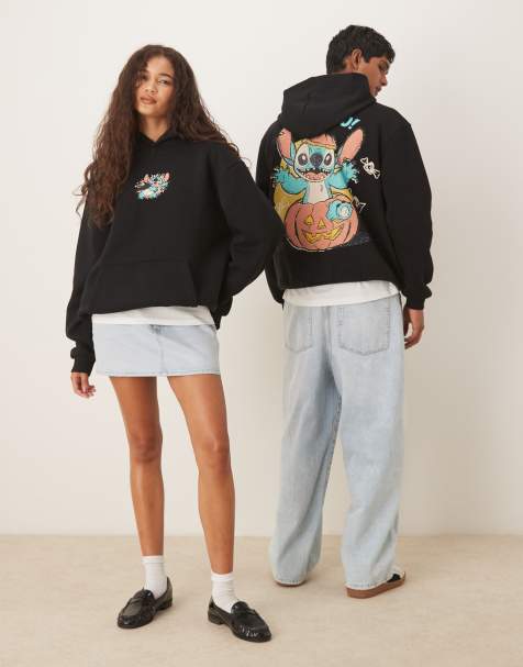 ASOS DESIGN – Disney – Halloween – Mörkgrön, avslappnad huvtröja i unisex-modell med Stitch-tryck - view 1