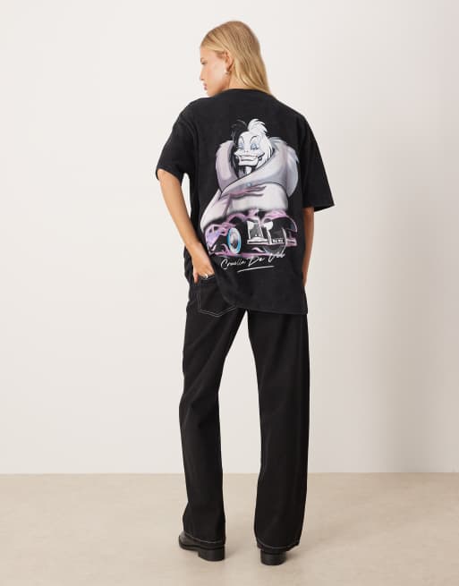 ASOS DESIGN Disney Halloween oversized T-shirt with Cruella prints in washed black