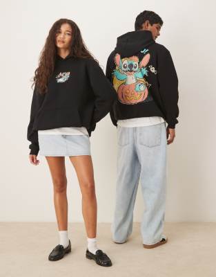 Asos Design Disney Halloween Oversized Unisex Hoodie With Stitch Prints In Black