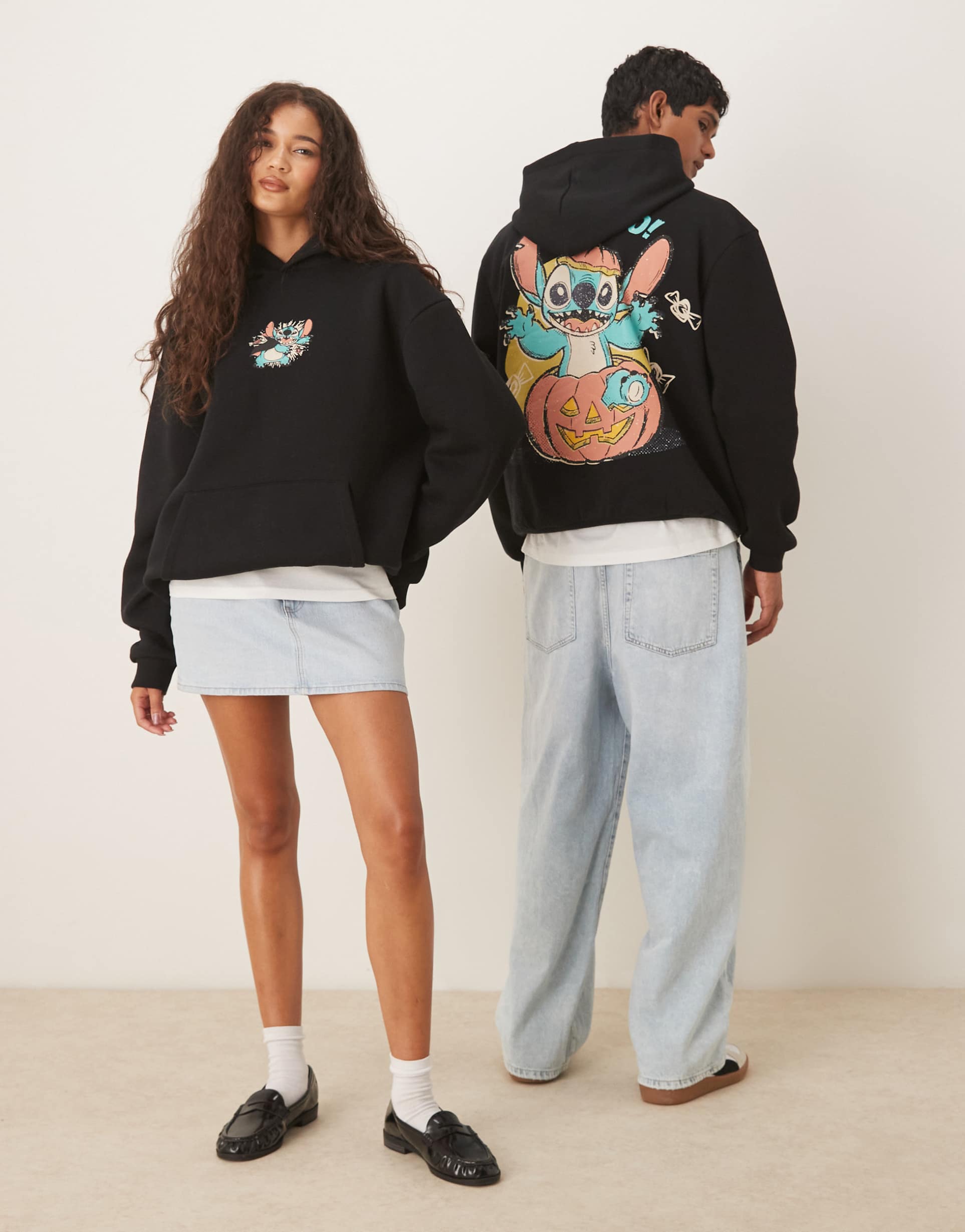 asos design disney halloween relaxed unisex hoodie with stitch prints in dark green