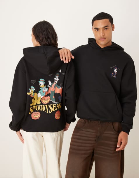 ASOS DESIGN – Disney – Halloween – Svart, avslappnad huvtröja i unisex-modell med Musse Pigg och hans vänner-tryck - view 1