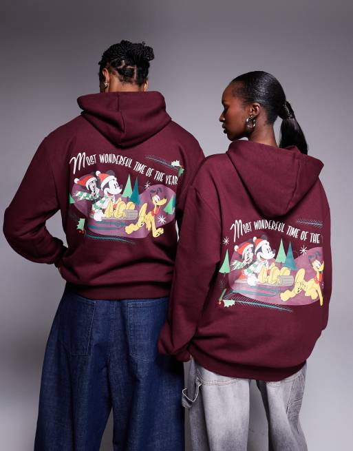 ASOS DESIGN - Disney - Jul - Unisex - Mørk bordeauxrød og afslappet hættetrøje med Mickey & venner-print, 3 af 4