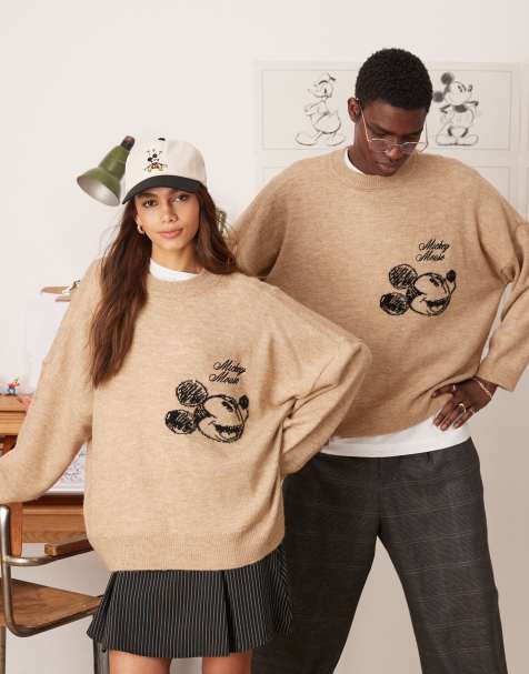 ASOS DESIGN – Disney – Kastiger Super-Oversize-Strickpullover in Beige mit Rundhalsausschnitt und „Mickey Mouse“-Stickerei - view 1