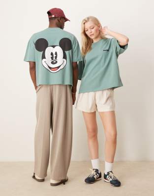 ASOS DESIGN - Disney - Kastiges Unisex-T-Shirt aus schwerem Material in Grün mit Oversize-Passform und Micky Maus-Prints