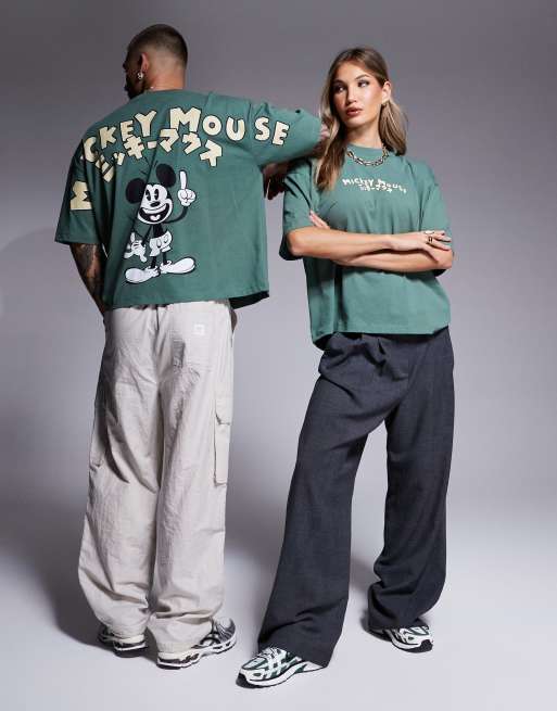 ASOS DESIGN – Disney – Kastiges Unisex-T-Shirt in Grün mit „Mickey Mouse“-Print und Oversize-Passform