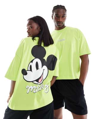 ASOS DESIGN - Disney - Kastiges Unisex-T-Shirt in leuchtendem Grün mit Oversize-Schnitt und „Mickey Mouse"-Prints