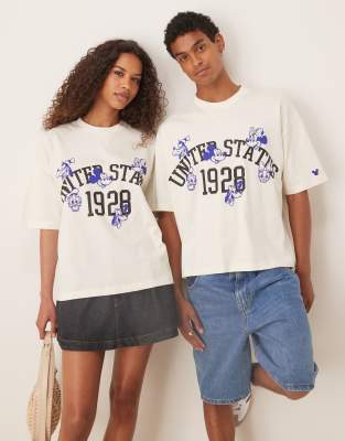 ASOS DESIGN - Disney - Kastiges Unisex-T-Shirt in Steinbeige mit Oversize-Schnitt und „Micky Maus & Friends"-Print-Neutr...