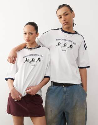 ASOS DESIGN - Disney - Kastiges Unisex-T-Shirt in Weiß mit Oversize-Schnitt, überschnittenen Schultern, Micky-Maus-Stick...