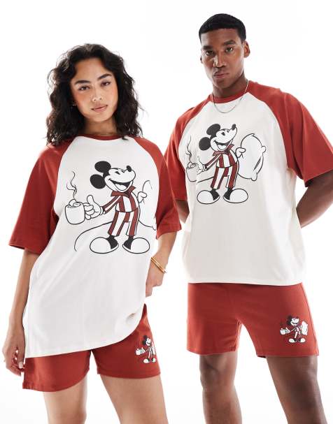 ASOS DESIGN – Disney – Kurzes Pyjama-Set in Rot mit Micky-Maus-Motiv und Raglanärmeln - view 1