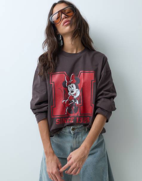 ASOS DESIGN Disney long sleeve t-shirt with Minnie varsity print in brown