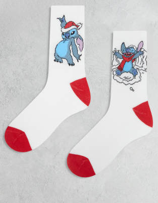 ASOS DESIGN - Disney - Lot de 2 paires de chaussettes de Noël à motif Stitch - Blanc