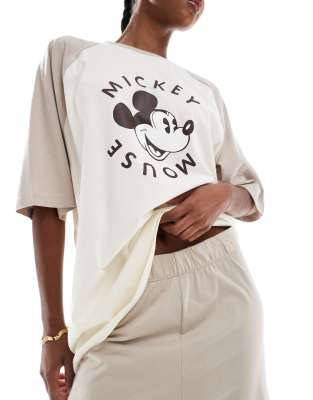 Asos Design Disney Mickey Raglan Sleeves Pajama Set-neutral In Neutral