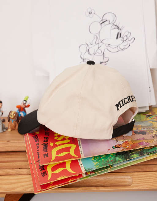 ASOS DESIGN Disney Mickey vintage varsity fit cap in ecru with