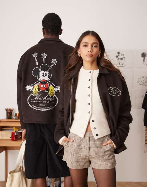 ASOS DESIGN – Disney – Mörkbrun, oversize harrington-jacka i unisex-modell av ylle med Musse Pigg-broderi - view 1