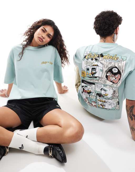 ASOS DESIGN – Disney – Niebieski T-shirt unisex o pudełkowym fasonie oversize z nadrukiem z komiksu Chip & Dale