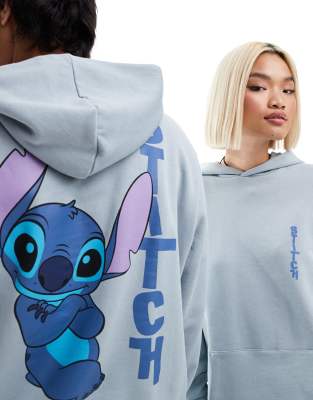 ASOS DESIGN - Disney - Oversize-Kapuzenpullover in Grau mit „Stitch"-Prints und Unisex-Schnitt