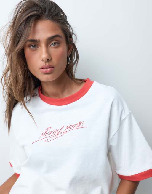 ASOS DESIGN Disney oversize slub-ringer t-shirt med Mickey Mouse-tryck i vitt, 2 av 5