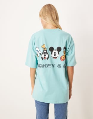 ASOS DESIGN - Disney - Oversize-T-Shirt im Unisex-Stil in Blau mit „Mickey & Friends"-Prints und Strass-Slogan