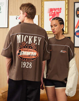 Disney - Oversize-T-Shirt in Braun mit „Racing"- und „Mickey"-Print-Brown Brown XL