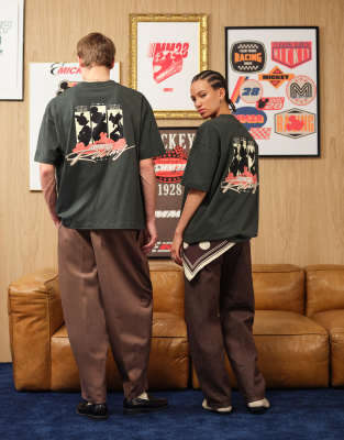 Disney - Oversize-T-Shirt in Dunkelgrün mit „Racing"- und „Mickey"-Print Grün XS