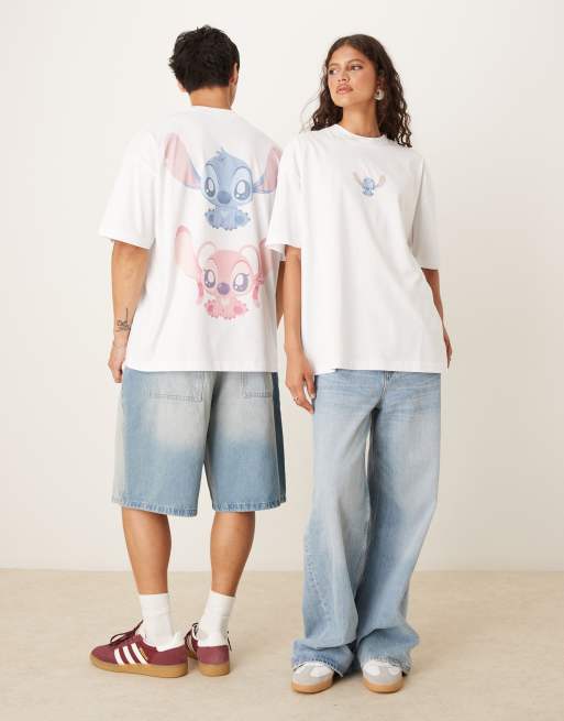 ASOS DESIGN – Disney – Oversize-T-Shirt in Weiß im Unisex-Stil mit Stitch- und Angel-Prints 