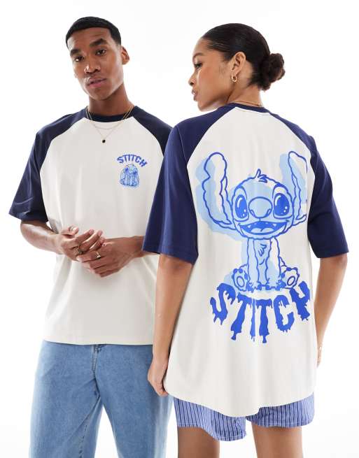 ASOS DESIGN – Disney – Oversize-T-Shirt in Wollweiß mit „Stitch“-Prints und Raglan-Ärmeln