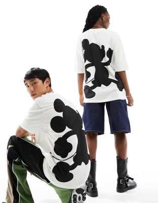 ASOS DESIGN - Disney - Oversize-T-Shirt mit Unisex-Passform in Grauweiß mit großformatigem Mickey-Mouse-Print am Rücken