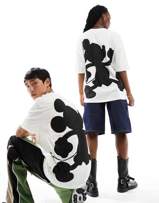 ASOS DESIGN – Disney – Oversize-T-Shirt mit Unisex-Passform in Grauweiß mit großformatigem Mickey-Mouse-Print am Rücken