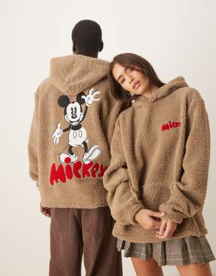 Asos Design Disney Oversized Borg Hoodie With Mickey Mouse Print In Brown
